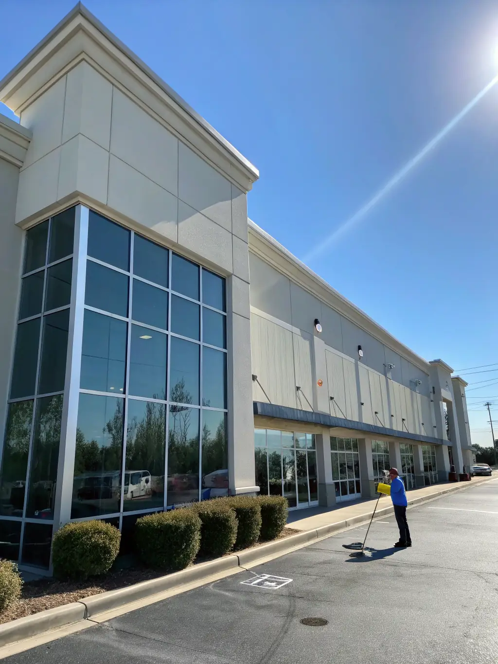 A commercial building with a spotless facade and clean parking lot after power washing.
