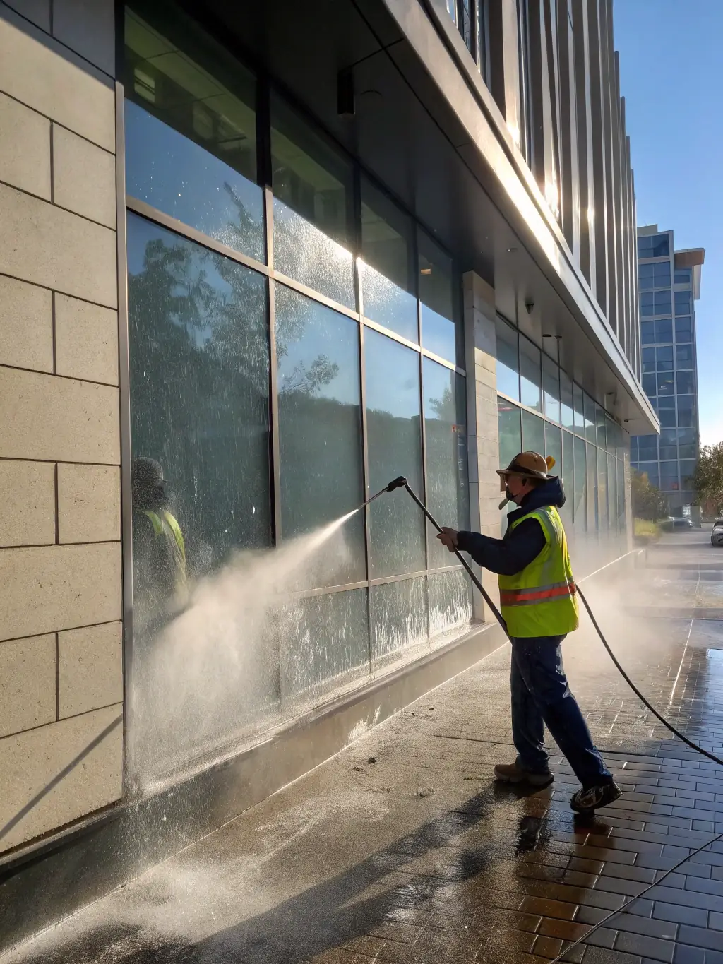 A wide shot of a Northern Dixie Property Solutions team power washing the exterior of a commercial building, highlighting the clean and professional appearance of the building after the service.