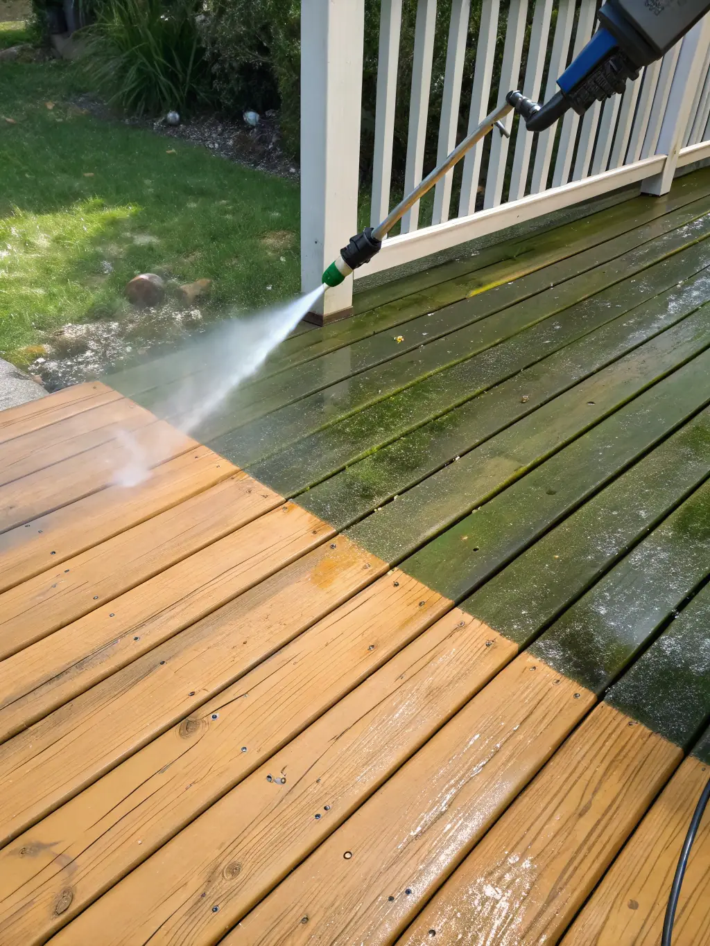 A wooden deck being power washed, showing the dirt and grime being removed to reveal clean wood.