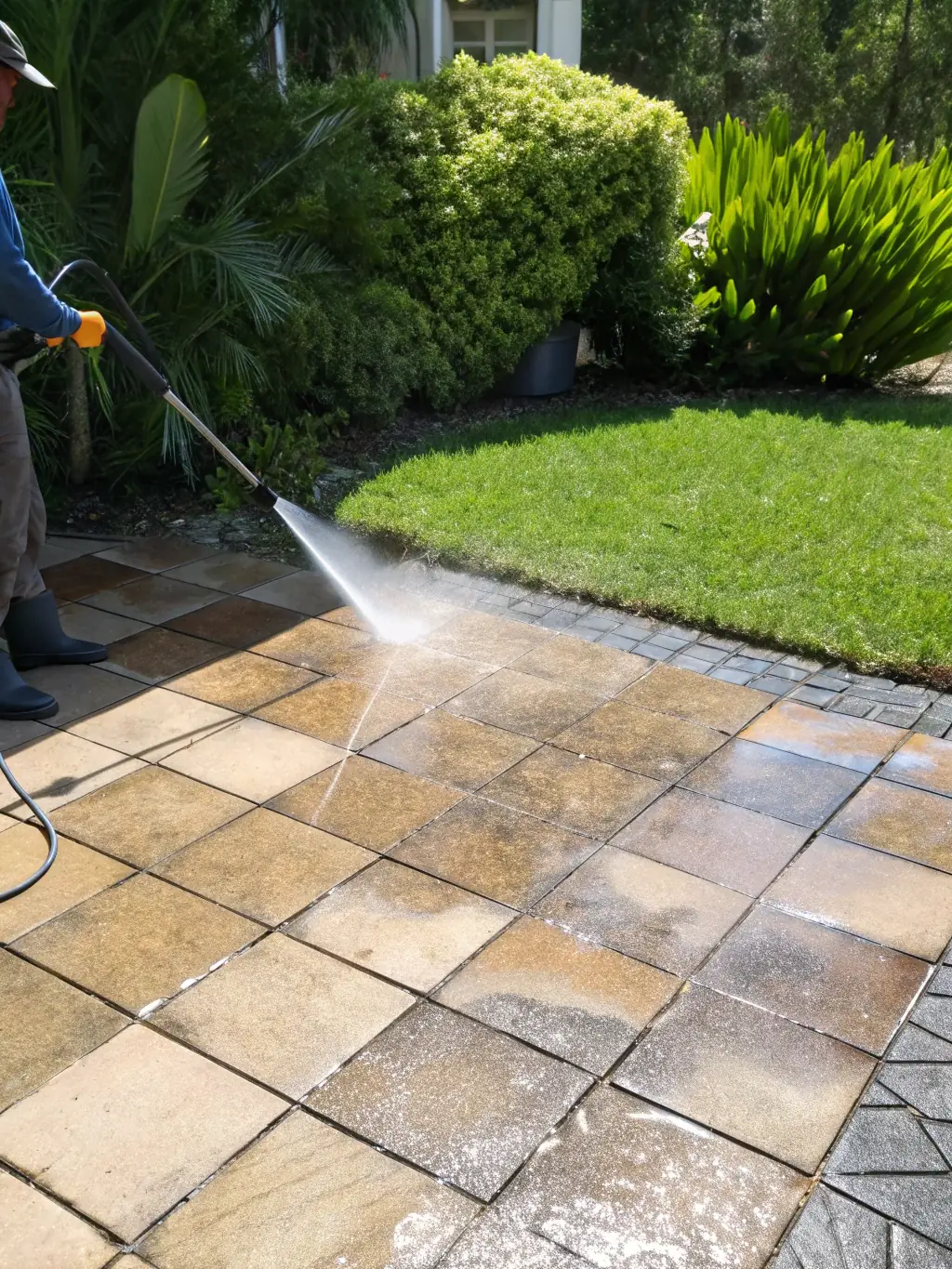 A dirty, stained concrete patio being cleaned with a power washer, with a clear line showing the cleaned vs. uncleaned area.