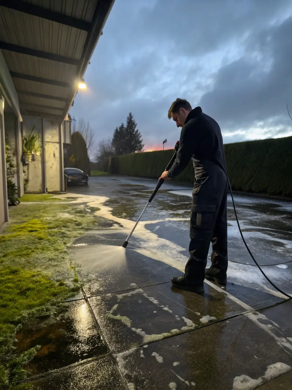 A high-angle shot of a Northern Dixie Property Solutions technician power washing a residential driveway, removing tough stains and grime, with a clean, streak-free finish visible.